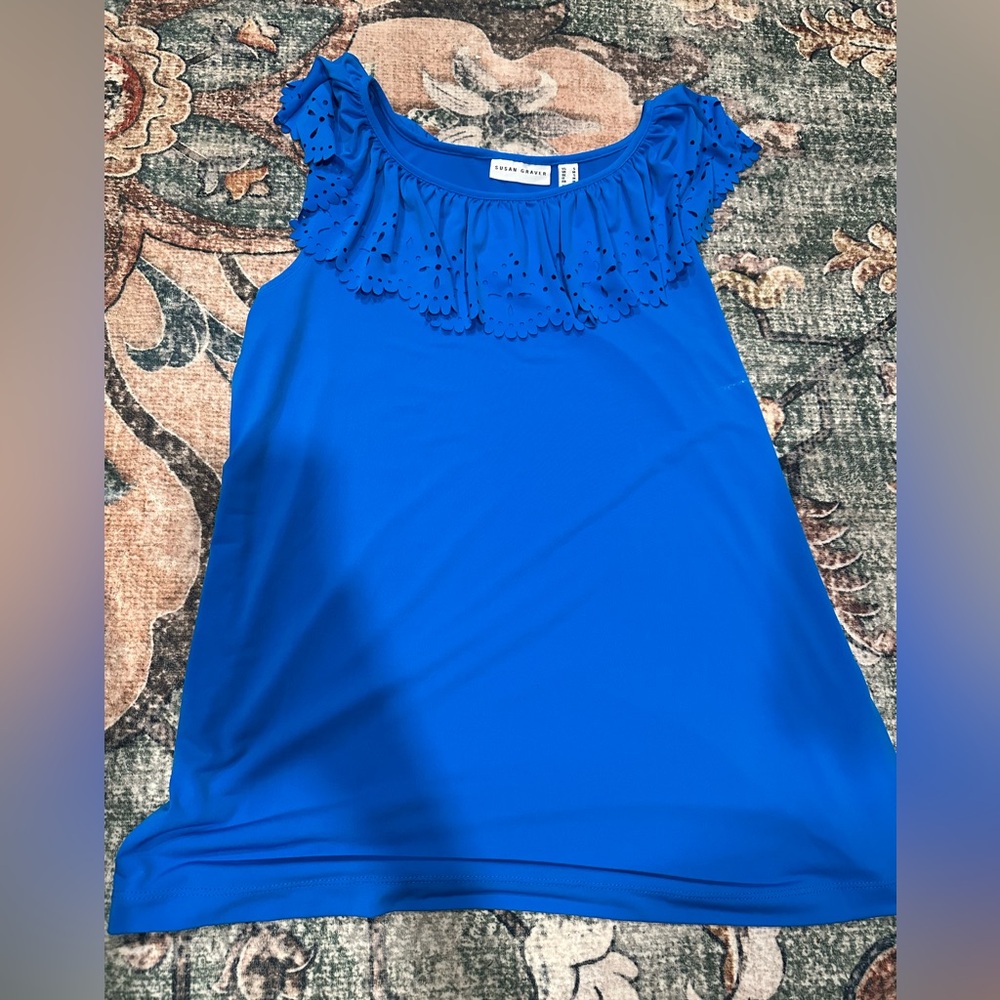 Susan Graver Royal Blue Eyelet Ruffle Sleeveless Tank